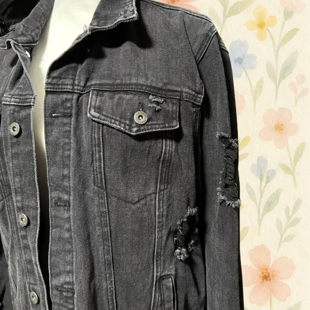 Request Premium Distressed Black Denim Jacket L Grunge Y2K Punk Cotton - Picture 4 of 8